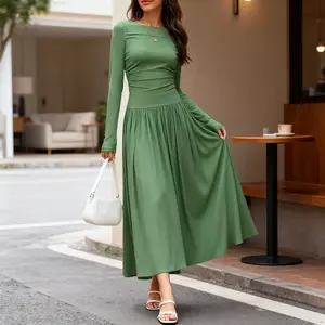 Women's Fall Long Sleeve Maxi Dress Boat Neck Ruched, Flowy Elegant Style, Casual & Formal Wedding Guest Dress