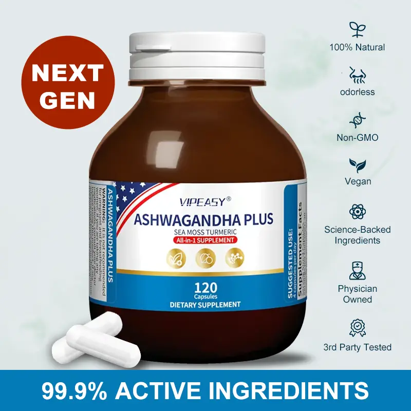 VIPEASY Ashwagandha Plus All-in-One Supplement - American Ginseng Extract & Ashwagandha Root Extract, Energy, Stress & Cortisol Support, Root-Derived Full-Spectrum Extract"Patented Cold-Extra