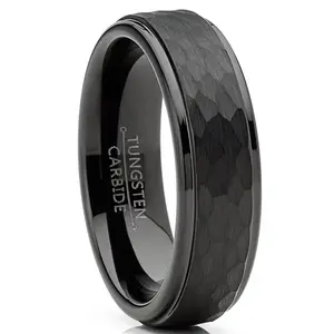 Mens Tungsten Black Wedding Band Ring Hammered Center Comfort-Fit 6MM Sizes 5-13