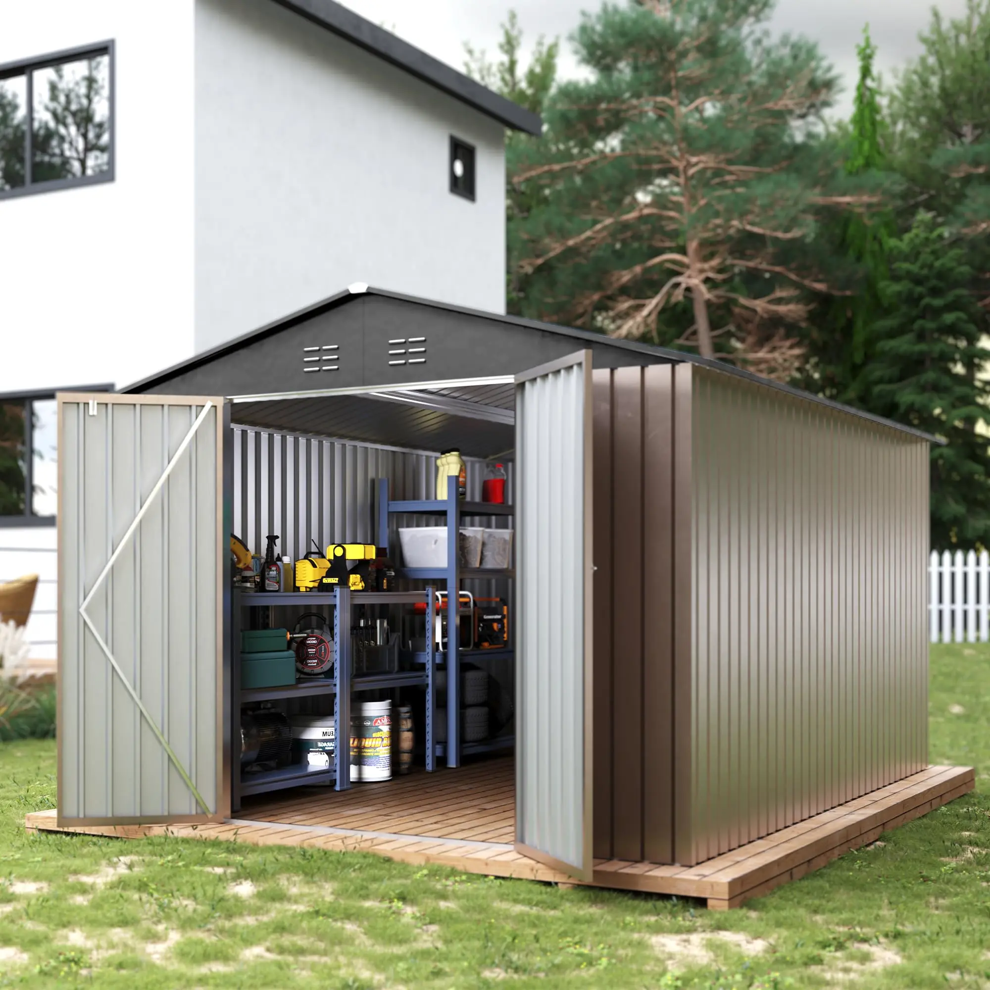 GARVEE 8x12 FT Galvanized Steel Garden Storage Shed - Weatherproof Metal Outdoor Shed with Reinforced Frame, Lockable T-Type Door, Easy Assembly, Ideal for Patio, Lawn, Secure Storage & Customer Support
