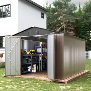 10x12FT Metal Shed with Solar Light, Lockable Doors, Windows, Sloped Roof & Vents, Outdoor Storage for Garden & Patio Equipment, Galvanized Steel