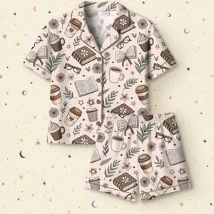 Women’s Beige Coffee And Books Reading Lover Girly Bookish Print Short Sleeve Satin Pajama Set, Long Sleeve Satin Pajama Set