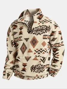 2026 Men's Flannel Ethnic Print Hoodie, High Neck Half-Zip Pullover with Pocket, Warm Autumn Winter Casual Sportswear