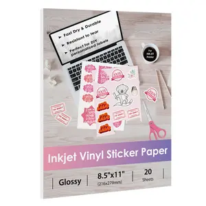 SJPACK 20 Sheets Glossy White Inkjet Vinyl Sticker Paper 8.5x11 Inch Water-Resistant Adhesive Label Tear-Resistant Removable for DIY Projects