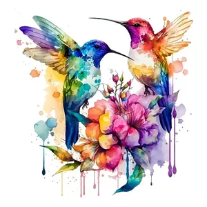 Watercolor Style Two Hummingbirds With Colorful Feathers Surrounded By Vibrant Flowers Art Painting Diamond Painting 5D DIY Diamond Painting Kit Full Drill Round Diamonds Embroidery Craft, Decoration, Home Wall Decor Art Gift Decorative Painting Set