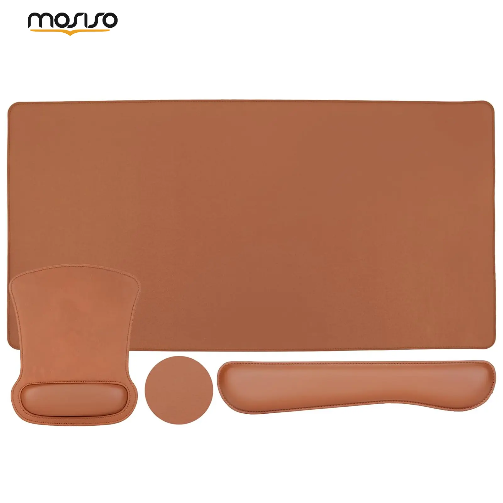 MOSISO 4-Piece Office Accessories Set for Business - 1×Large Desk Mouse Pad, 1×Keyboard Wrist Rest, 1×Matching Coaster, PU Leather Ergonomic Memory Foam Non-Slip Cushion for Home Office Desk Protection (Do Not Bleach)