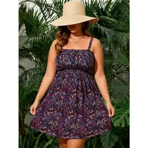 2026 Boho Floral Print Spaghetti Strap Mini Dress Plus Size Summer Beach Dress Durable Metal Pins Adjustable Clip,Summer Vibes