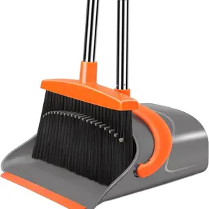 Broom and Dustpan Set for Home, Broom and Dustpan Combo for Office, Long Handle Broom with Upright Standing Dust pan,Indoor&Outdoor Sweeping (Gray&Orange)
