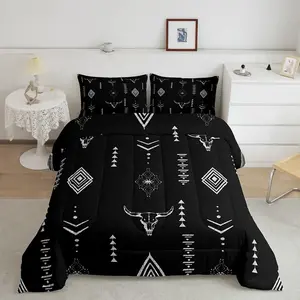 Bull Skull Comforter Set,Boho Horns Ethnic Bohemian Bedding Comforter Sets,Tribal Symbol Mysterious Aztec Geometric Duvet Insert