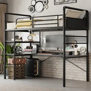 Loft Bed Twin Size with L‑Shaped Desk – Metal Bunk Bed with 2 Open Shelves & Decorative Mesh, Twin Loft Bed with 13.4″ Safety Guard & Ladder, No Box Spring Needed
