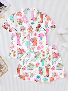 Adorable Boots Bouquet Print Short Sleeve Kids Pajamas Set, Casual Fashion Sleepwear for Boys & Girls, Cartoon Design Comfortable Home Wear
