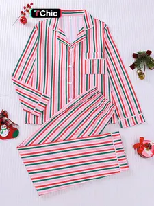 2-piece set full of pink, white, green, and red striped printed long sleeved pants, soft, comfortable, skin friendly, smooth top, small pocket, button closure, elastic waistband, suitable for all seasons home, casual wear, pajamas, Loungewear