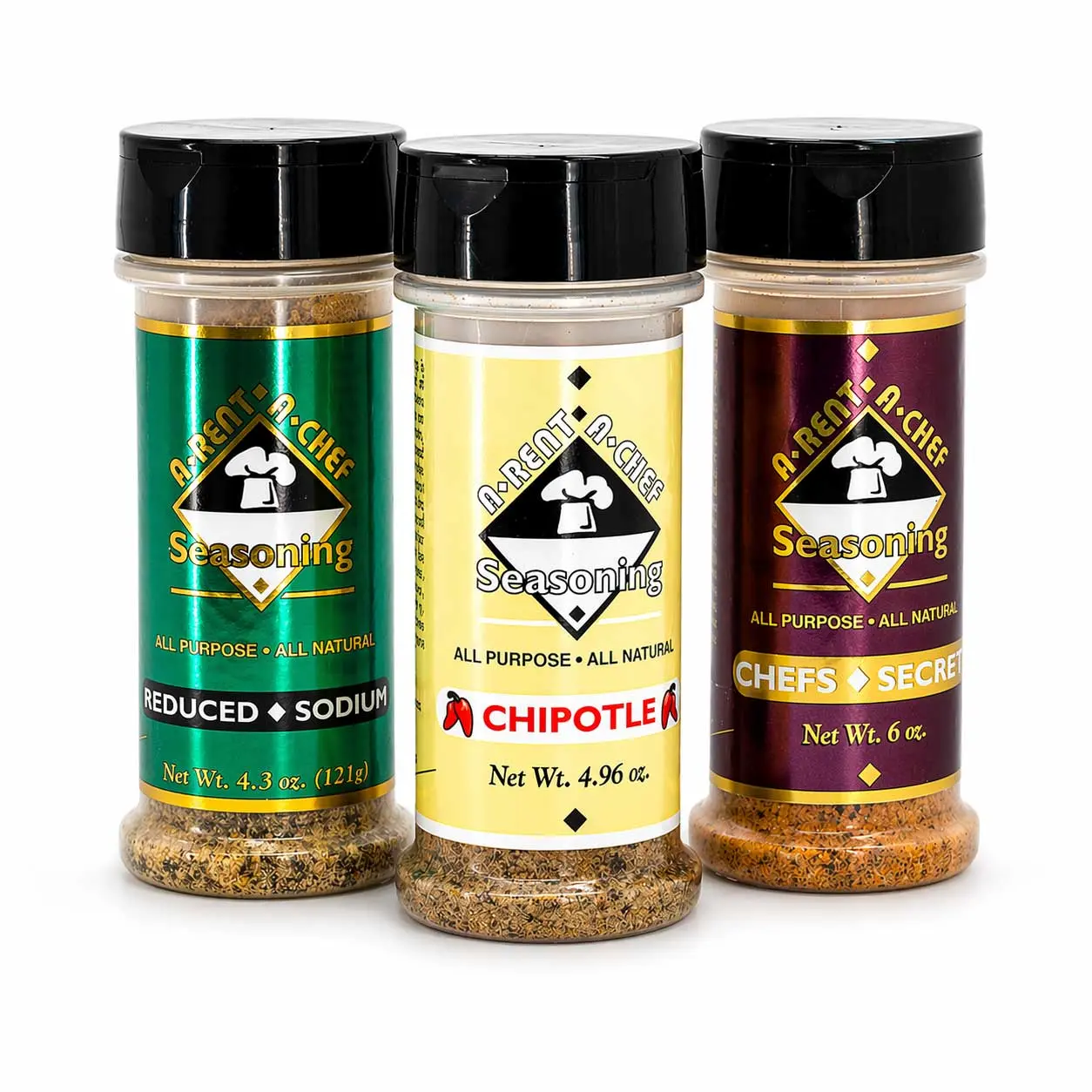 A-Rent-A-Chef All-Purpose Seasoning Trio Pack | Reduced Sodium, Chipotle, Chef’s Secret | A-Rent-A-Chef