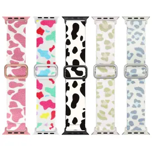 5 Pack Cow Print Elastic Multicolour Apple Watch Band, Stretchy Nylon Braided Loop, Breathable Sport Replacement Strap, Mix Pattern Set for Daily Mix & Match, Personalized Style for Any Occasion, Compatible with 38mm-49mm Men Women Watch Straps