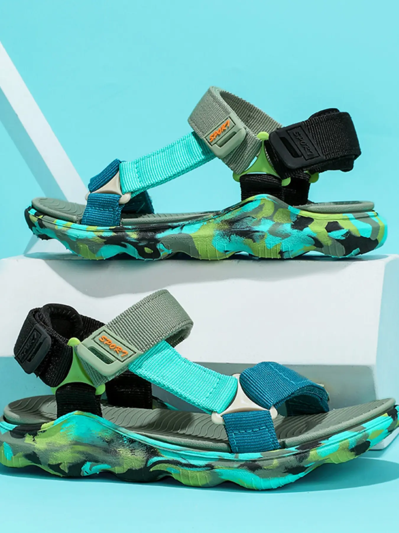 Kids' Camo Print Sport Summer Style Sports Sandals, Adjustable Strap Open Toe Summer Shoes for Boys, Textile Upper, Eva Sole, Less Than Ankle Height