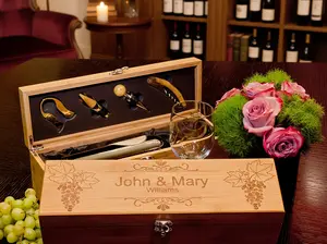 Personalized Wine Box Gift for Couple – Engraved Bamboo Wine Box with Tools, Wedding Anniversary Gift