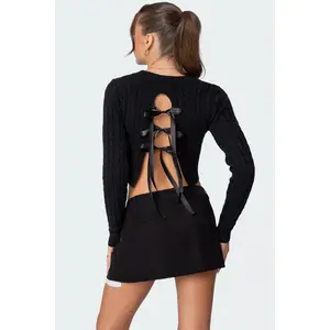 Bow Back Cropped Cable Knit Sweater