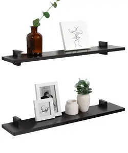 Black Floating Shelves for Wall 24 Inch Wall Mounted Wood Shelf Set of 2, Pine Solid Wood Modern Decor Shelf for Bedroom, Kitchen, Office, Living Room