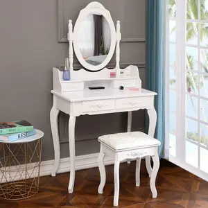 White 4-Drawer Vanity Table Dresser With Removable Mirror Makeup Charging wooden