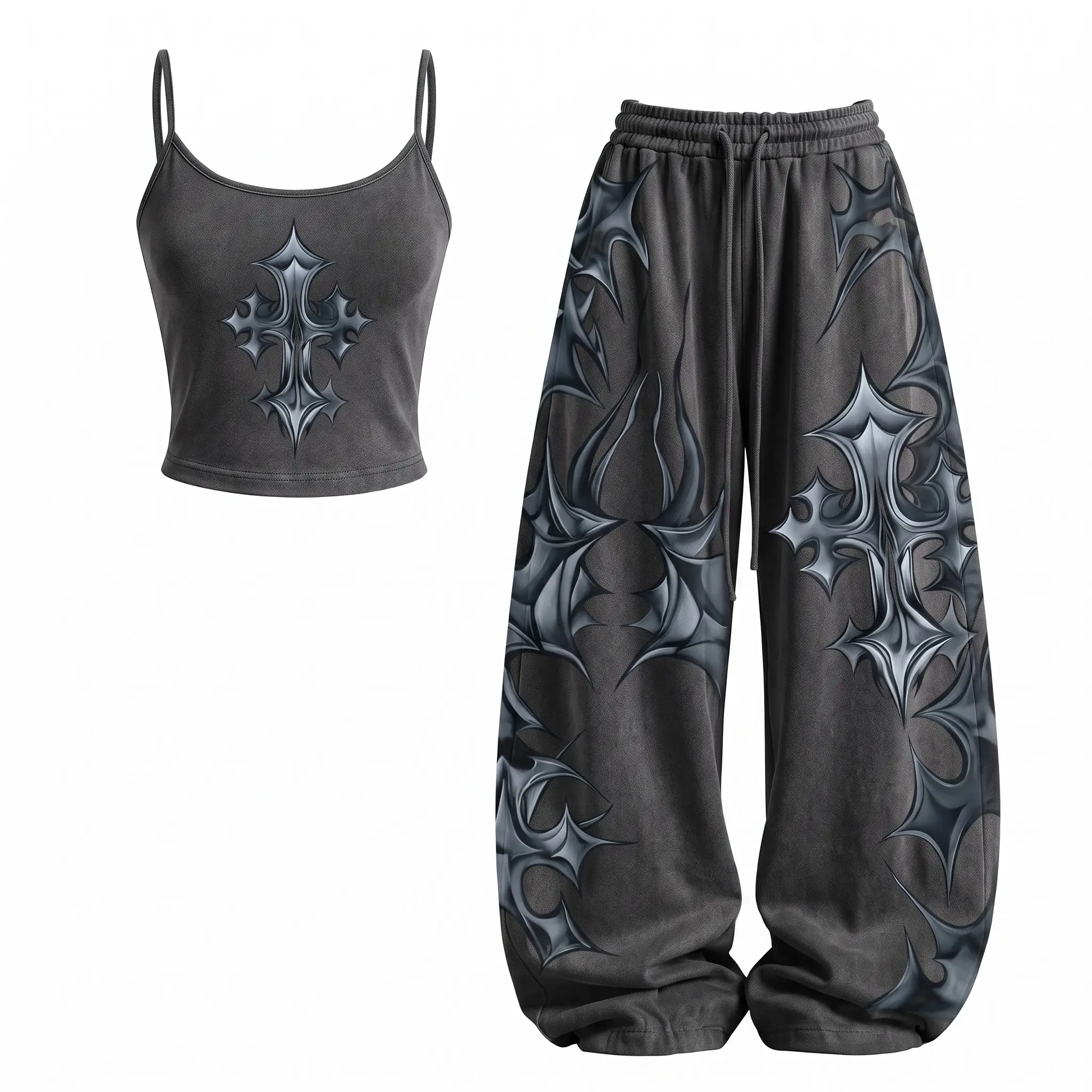 Y2K 2 Piece Sweatpant Set 3D Metallic Cross Graphic Crop Tank Top Baggy Joggers Acid Wash Co Ord