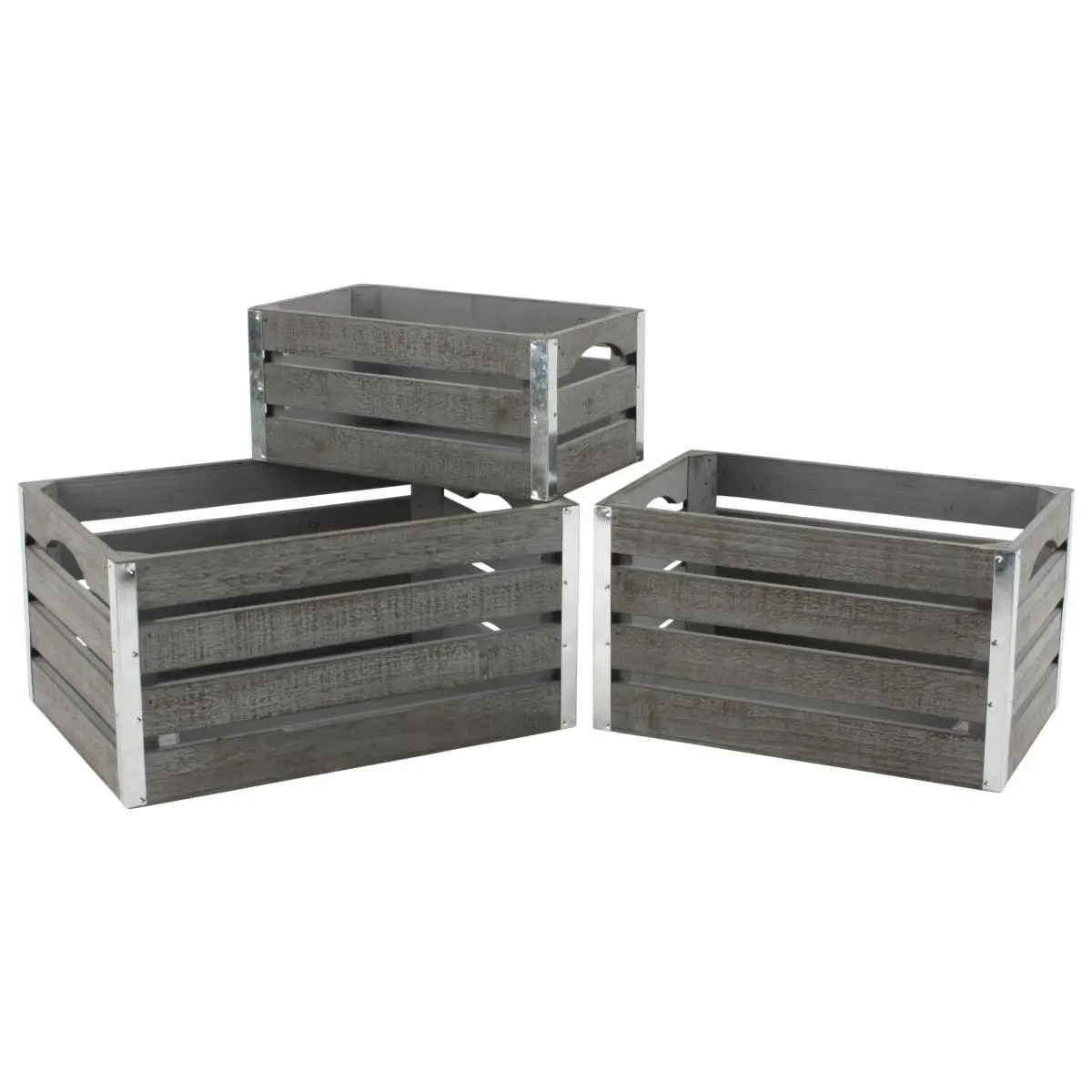 8113-S3 Gray-wash Wood Crates, Set of 3 - Medium