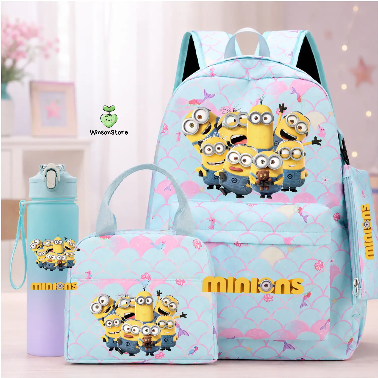 Minions 4-Piece Backpack Set for Girls – Pink Star School Bag with Lunch Bag, Pencil Case and Water Bottle