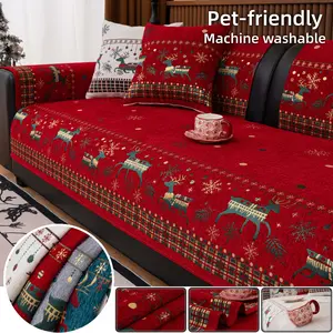 1Pc Christmas Chenille Sofa Cushion Cover, Pet-Friendly Dog & Cat Couch Cover, Non-Slip Backing, Festive Nordic Jacquard Machine Washable Thick Sofa Pad, Anti-Scratch Dustproof Slipcover, Fits 1/2/3/4-Seater & L-Shape Sectional