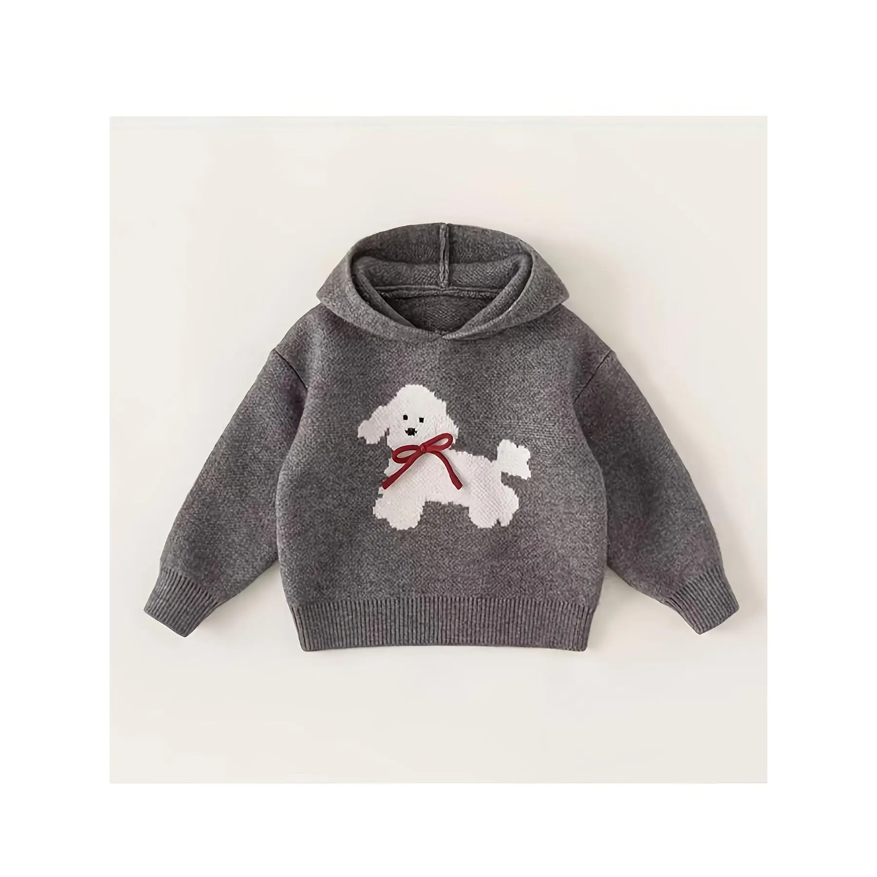 NewBaby Girl & Boys Hooded Sweater Winter Warm Sweater Coat with Cute Puppy Print & Red Bow Tie - Soft Grey Pullover, Machine Washable Cozy Clothing for &