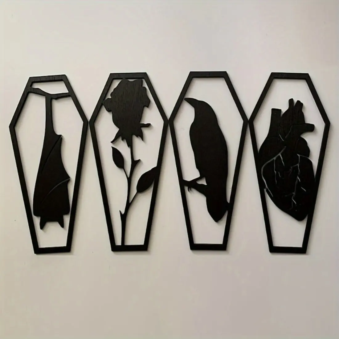 Contemporary Acrylic Gothic Wall Decor Set, Modern Wall Decor, Cool Wall Art, Room Wall Art, Decorative Artwork, Artistic Coffin Shape with Heart Bat Crow Rose Patterns, Multi-Functional Home Party Decoration