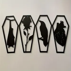 Contemporary Acrylic Gothic Wall Decor Set, Artistic Coffin Shape with Heart Bat Crow Rose Patterns, Multi-Functional Home Party Decoration