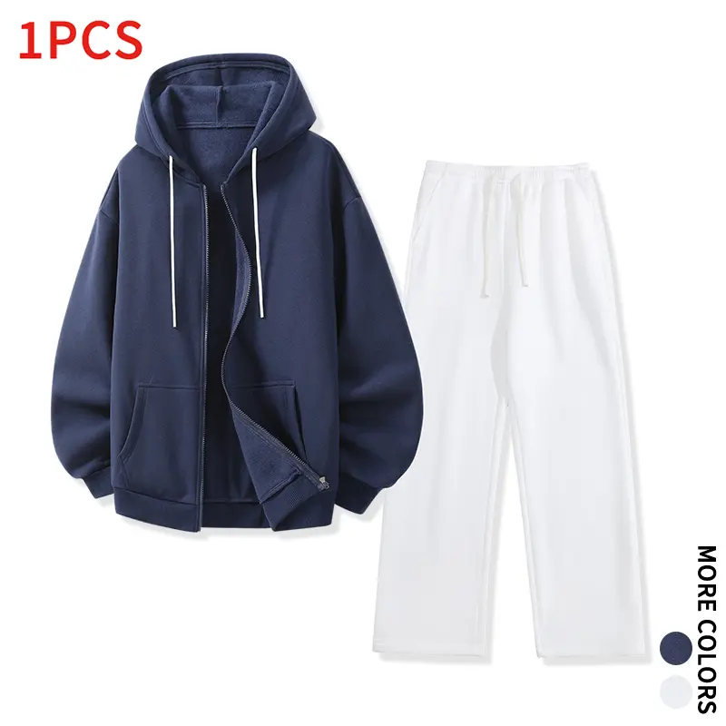 Basic Plain Hooded Zip Up Sweatshirt Wide Leg Sweat Pants Two Piece Set Men Soft Fleece Spring Autumn Street Daily Outfit