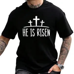 Unisex Easter T-Shirt Featuring He is Risen Cross Religious Print