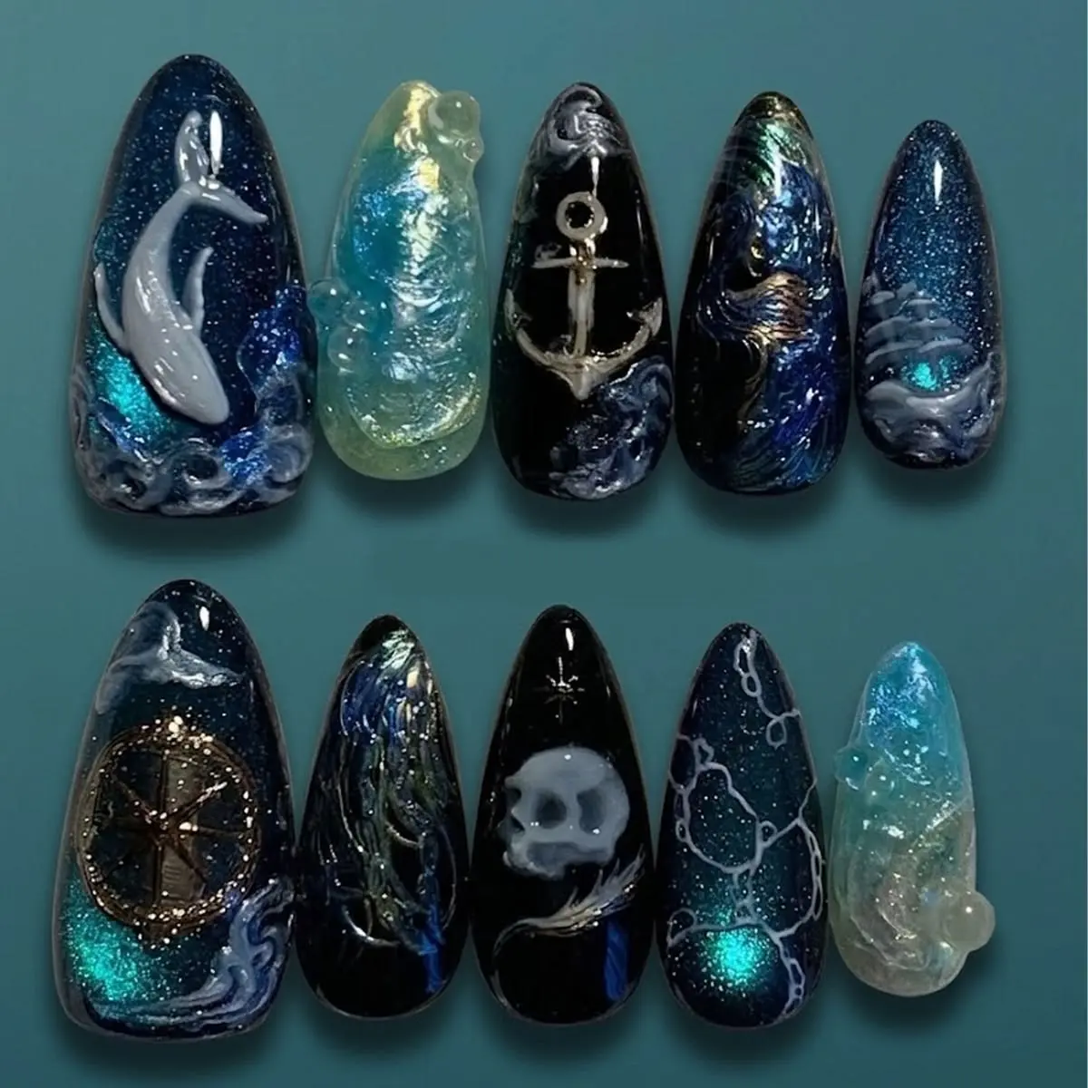 Handmade Nautical Gothic Press-On Nails - Luxury 3D Whale, Anchor & Skull Art, Dark Academia Aesthetic Deep Sea Ocean Nail Art Decorations