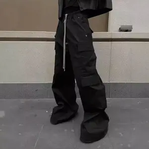 FashionStyleWide-LegDrawstringBlackCargoPantsUnisexStraightLooseCasualCargoPantsMen'sStreetwearLooseOversizedLongPantsMen'sClothingwithPocketsMenswearBeige