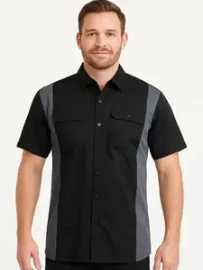 Men's Black and Grey Button-Up Collared Work Shirt - Heavy-Duty Cotton Blend for Comfort & Style - Breathable Short Sleeves - Classic Mechanic Uniform
