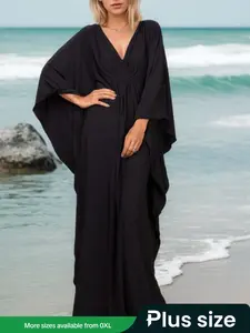 [Plus Size] Solid Color Batwing Sleeve Dress, Chic Modest V Neck Long Sleeve Dress for Beach Holiday Vacation, Women's Islamic Clothing for All Seasons, Batwing Sleeve Kaftan