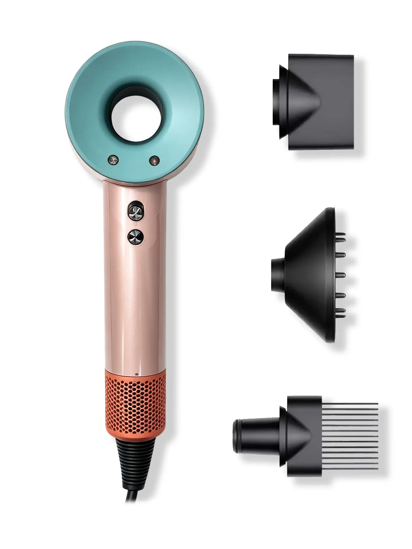 Refurbished genuine Dyson HD07 negative ion hair dryer — V9 motor handheld tool with 3 attachments — airflow control, fast drying; modern home beauty and personal care device, in good condition.
