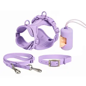 SoSo Walking Set 4 Pcs - Purple No-Pull Padded Harness, Waterproof Collar, Matching Leash & Waste Bag Dispenser for Small to Medium Dogs