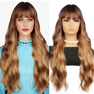 Golden Brown Highlighted Halloween Wig for Women with Bangs  Curly Synthetic Full Wig Cosplay Wig aisi  hair  beauty gradient style  wavy headband wig platinum underlights chocolate brown synthetic wig blonde lace front wig lace  front  vibes long wavy