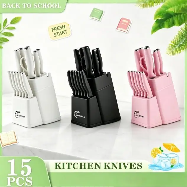 15 pcs high carbon stainless steel self sharpening kitchen knife set with knife holder - storage solution, non slip grip, ergonomic handle, dishwasher washable, slicing knife, built-in sharpener