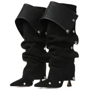 LUNETTA Women's Knee High Boots Stiletto Boots Pointed Toe High Heels Wide Calf Ruched Slouchy Boots Detachable Snap-off Panel Mid Calf Boots Black Boots