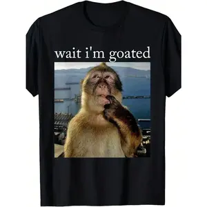 Brainrot Gift Men Funny Wait I'm Goated Monkey Graphic T-Shirt Casual Short Sleeve Round Neck Tee With Humorous Print Comfortable All-Season Shirt For Parties Beach Casual Attire Ideal Gift For Men