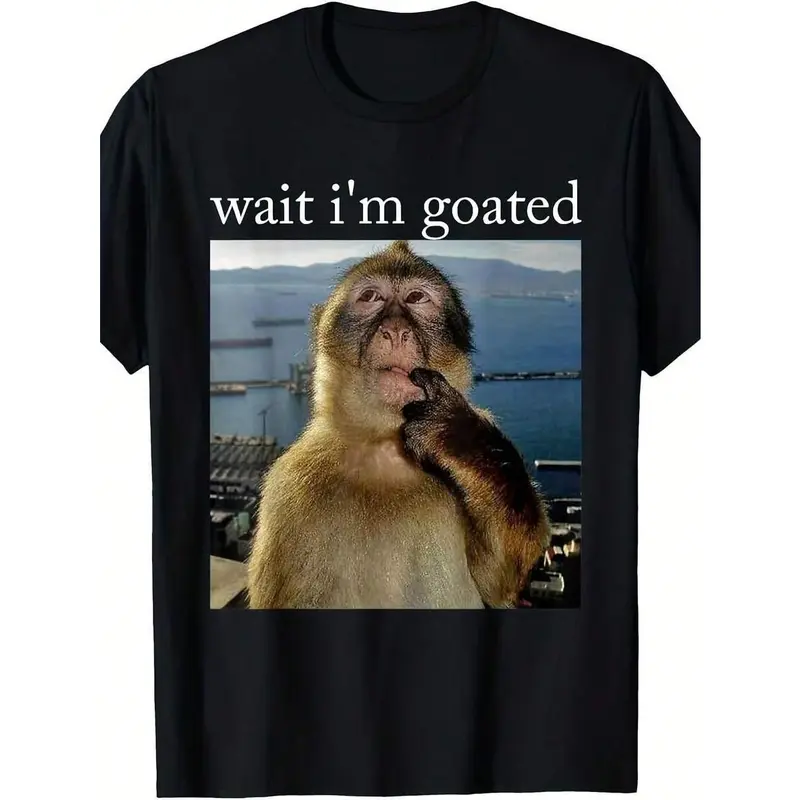 Brainrot Gift Men Funny Wait I'm Goated Monkey Graphic T-Shirt Casual Short Sleeve Round Neck Tee With Humorous Print Comfortable All-Season Shirt For Parties Beach Casual Attire Ideal Gift For Men