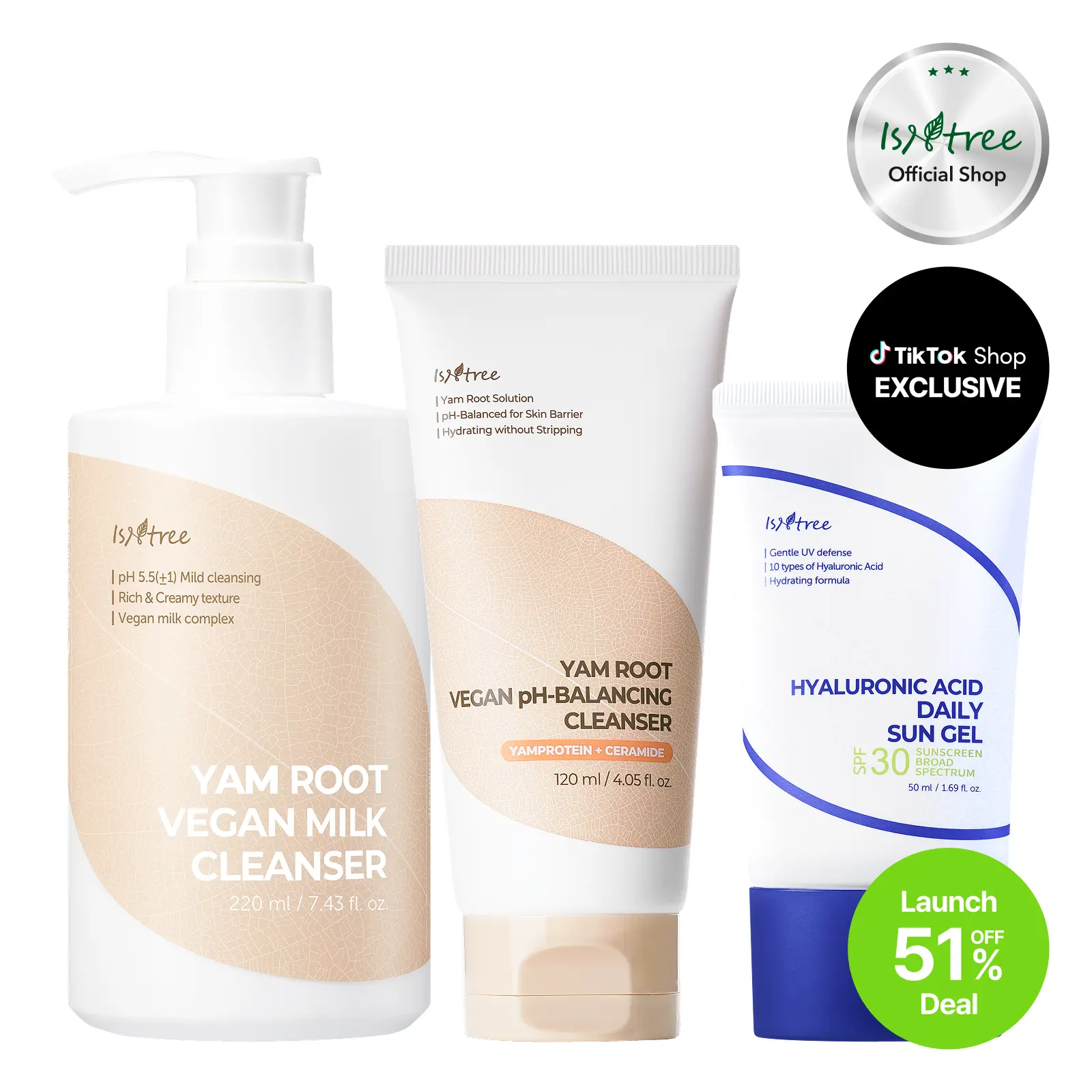 [isntree Official Shop] The 333 Daily Skincare Essentials Set | Summer Kbeauty Double Cleansing Facial Care Trio with Yam Root Milk Cleanser + Low pH Cleanser + Hyaluronic Acid Sun Gel SPF for Sensitive Skin