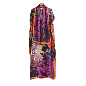 La Marey Floral Print Long Kaftan with Scarf