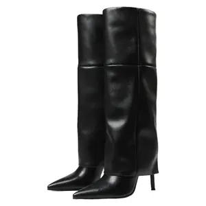 Fold Over Knee High Boots Wide Calf Pointed Toe Stiletto Heel Thigh High Boots for Women Black Walking Shoes Above The Ankle But Below The Knee
