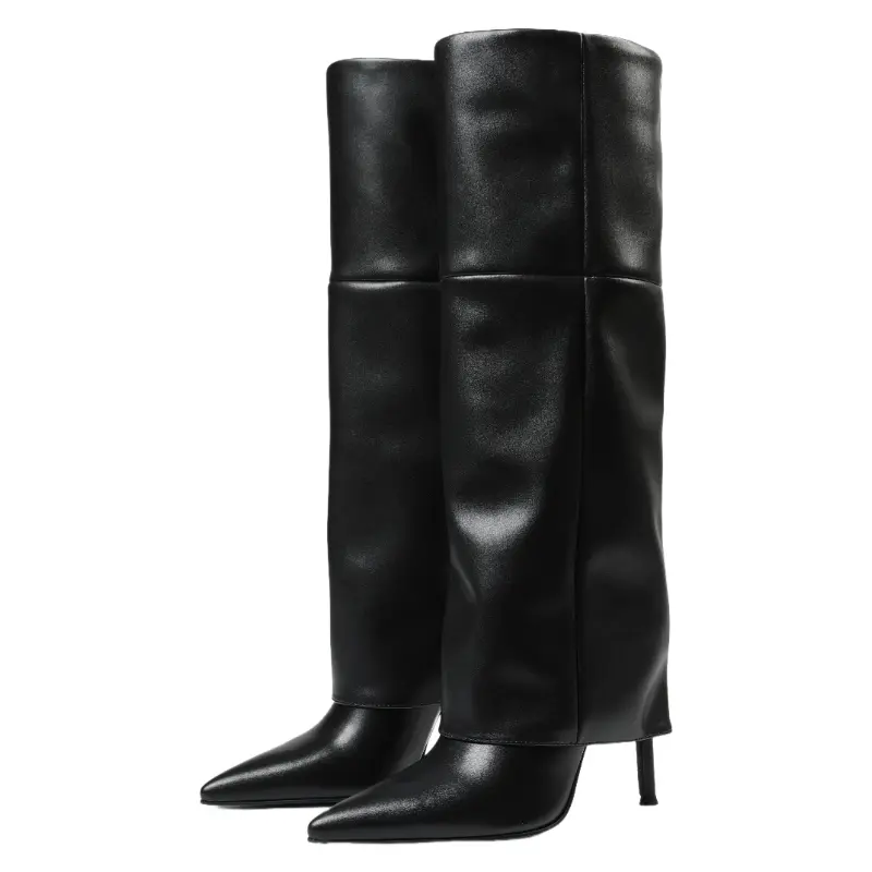 Women's Fold-Over Wide Calf Stiletto Heel Boots, Pointed Toe Casual Stiletto Bootie, Black Mid-Calf Walking Shoes