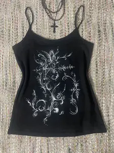 Women's Gothic Print Slim Fit Cropped Tank Top, Sexy Adjustable Elegant Sleeveless Spaghetti Strap, Casual Short Sleeve, All Seasons, Perfect for Daily Wear and Vacation, Versatile Use