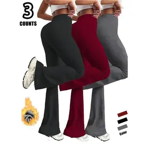 3pcs Velvet Solid Color Flared Pants with High Waist Fashionable Casual Trousers Winter Warm Long Pants Maxi Length in Black Red & Grey