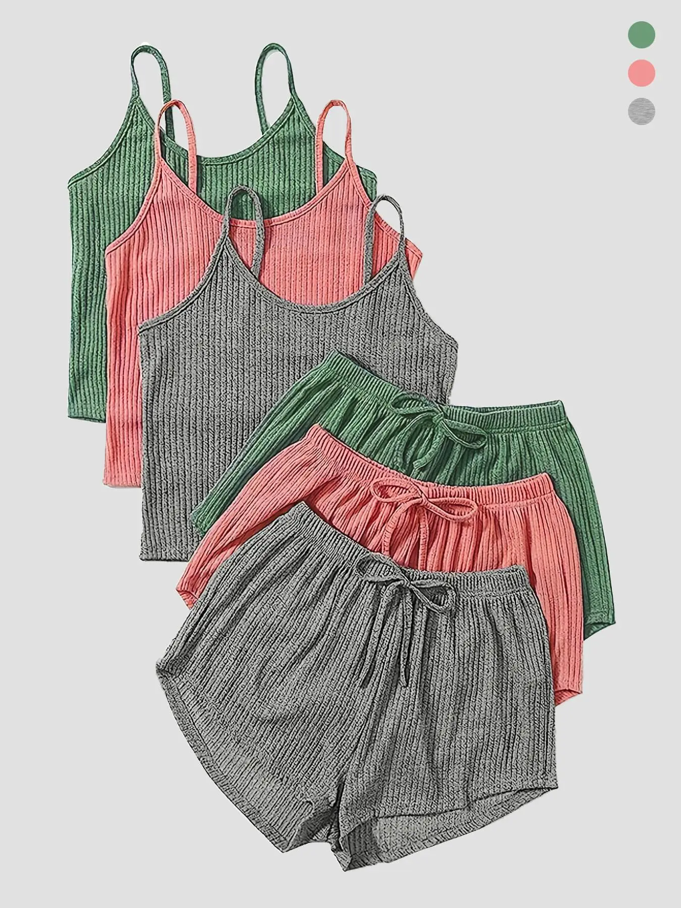 Six-Piece Set Women's Plain Ribbed Shorts Set, Casual Crop Cami Top & Elastic Waist Shorts Set, Summer Clothes, Summer Outfits Set for Outdoor Holiday